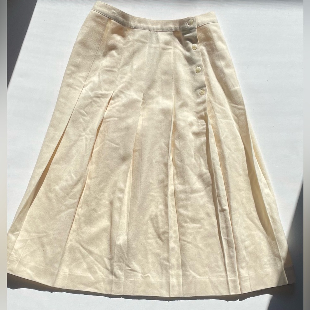 Villager Vintage Wool Pleated Skirt with Side Buttons - Size: 14 - Color: Cream